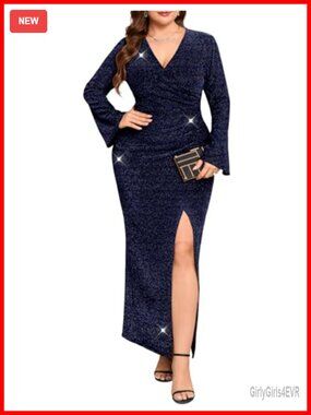 Plus Size Maxi Sparkly Dress High Slit Formal Evening Gown V-Neck Bell Sleeves